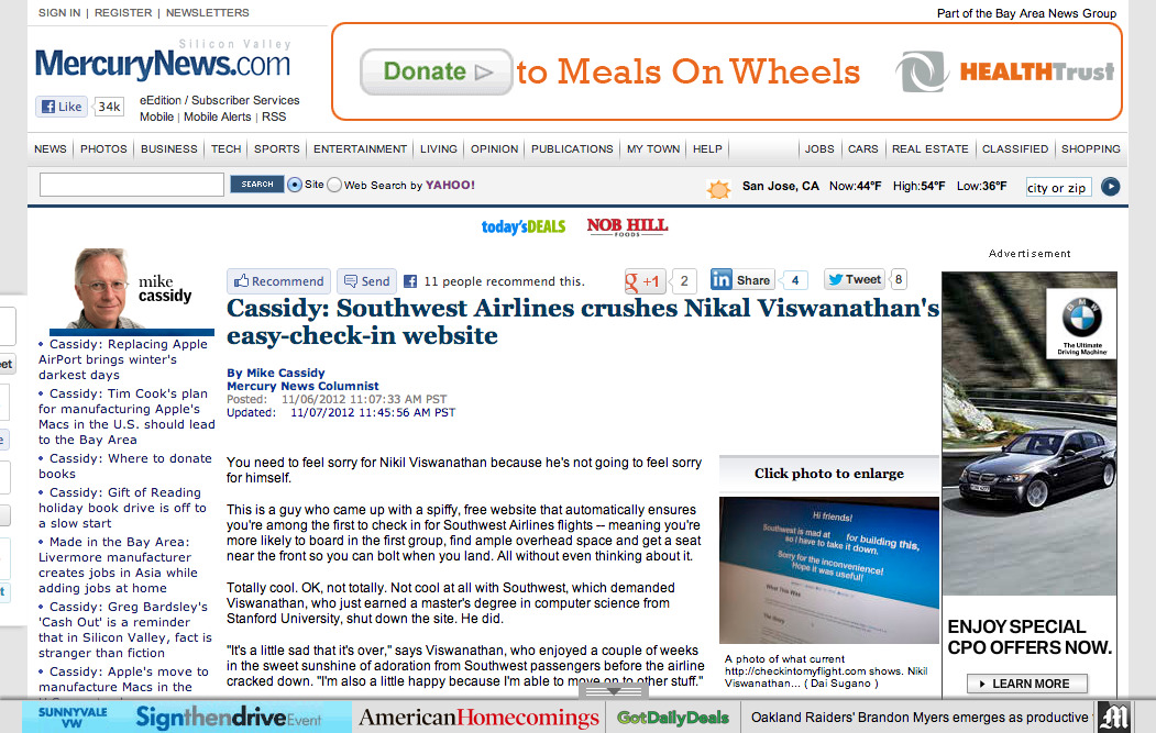 Front Page of Mercury News Online